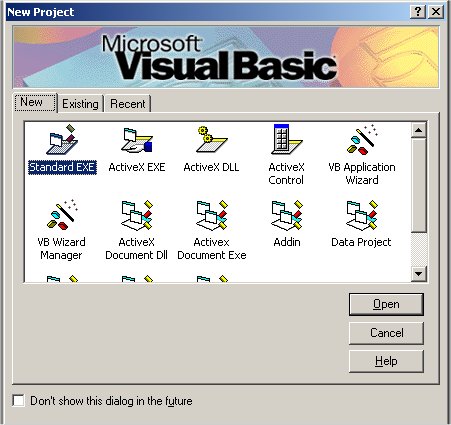 Visual Basic 6 käynnistys, projektityypin valinta